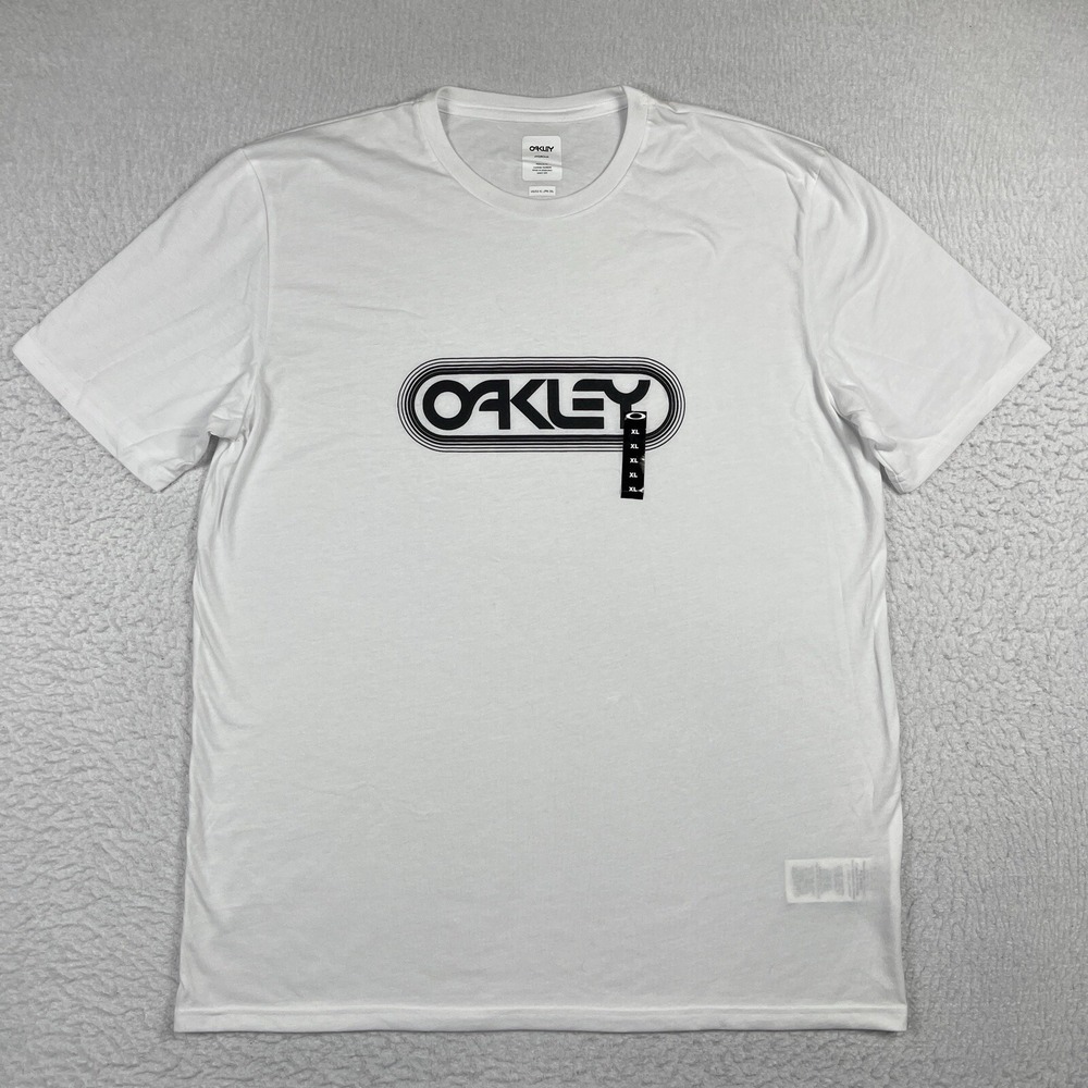 Oakley Shirt‎ Mens XL White Spell Out Graphic Tee Casual Surf Skate Hydrolix